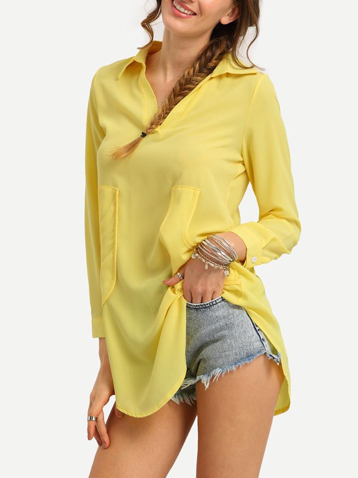 Romwe Dual Pocket Pointed Collar Chiffon Blouse