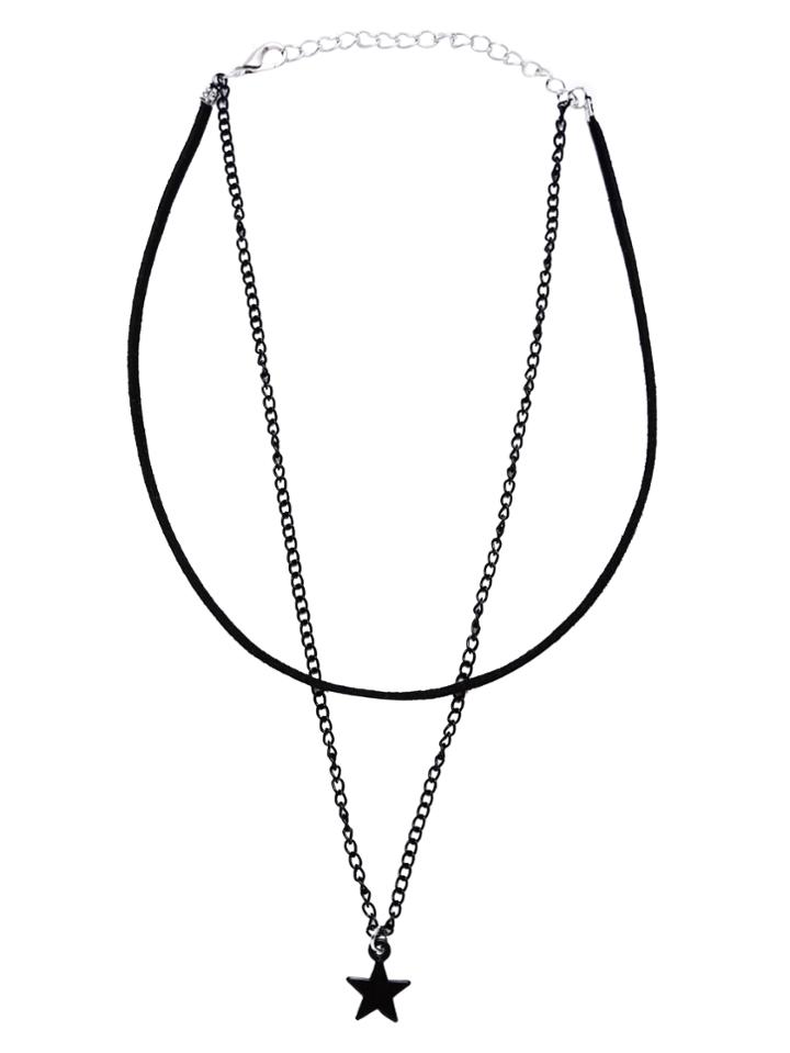 Romwe Black Star Pendant Double Layer Thin Choker Necklace