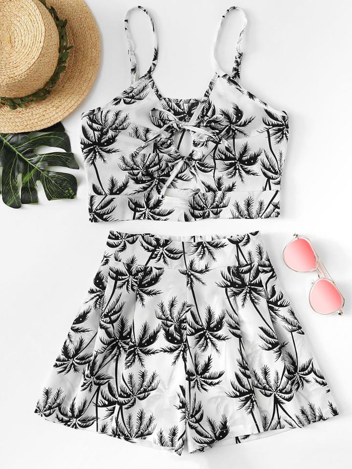 Romwe Cut Out Tree Print Cami With Shorts