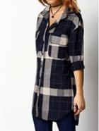 Romwe Navy Grey Lapel Plaid Pockets Blouse