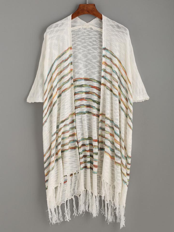 Romwe White Striped Fringe Trim Cardigan