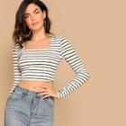 Romwe Form Fitted Striped Crop Tee