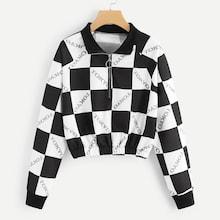 Romwe Letter Print Plaid Tee