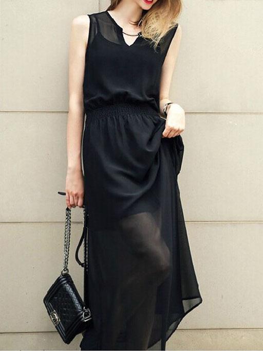 Romwe Black Chiffon Cut Out Dress With Cami Dress