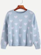 Romwe Blue Dropped Shoulder Seam Heart Pattern Sweater
