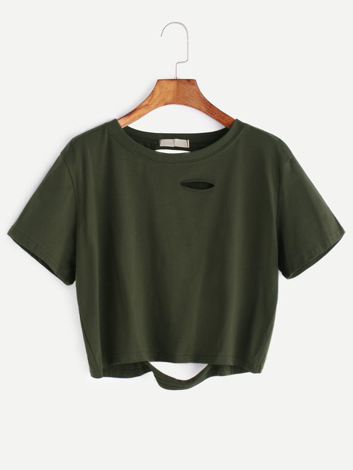 Romwe Army Green Ripped Crop T-shirt