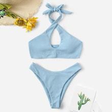 Romwe Ribbed Cross Halter Top With High Cut Bikini