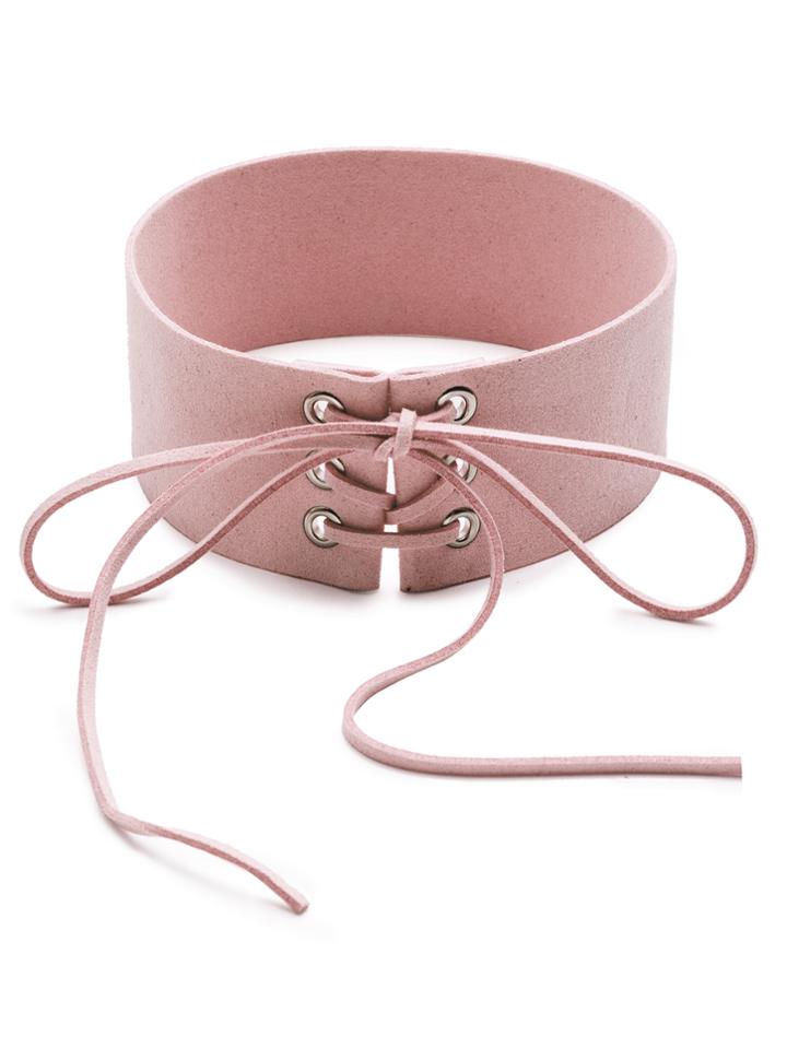 Romwe Pink Lace Up Tie Front Suede Wide Choker