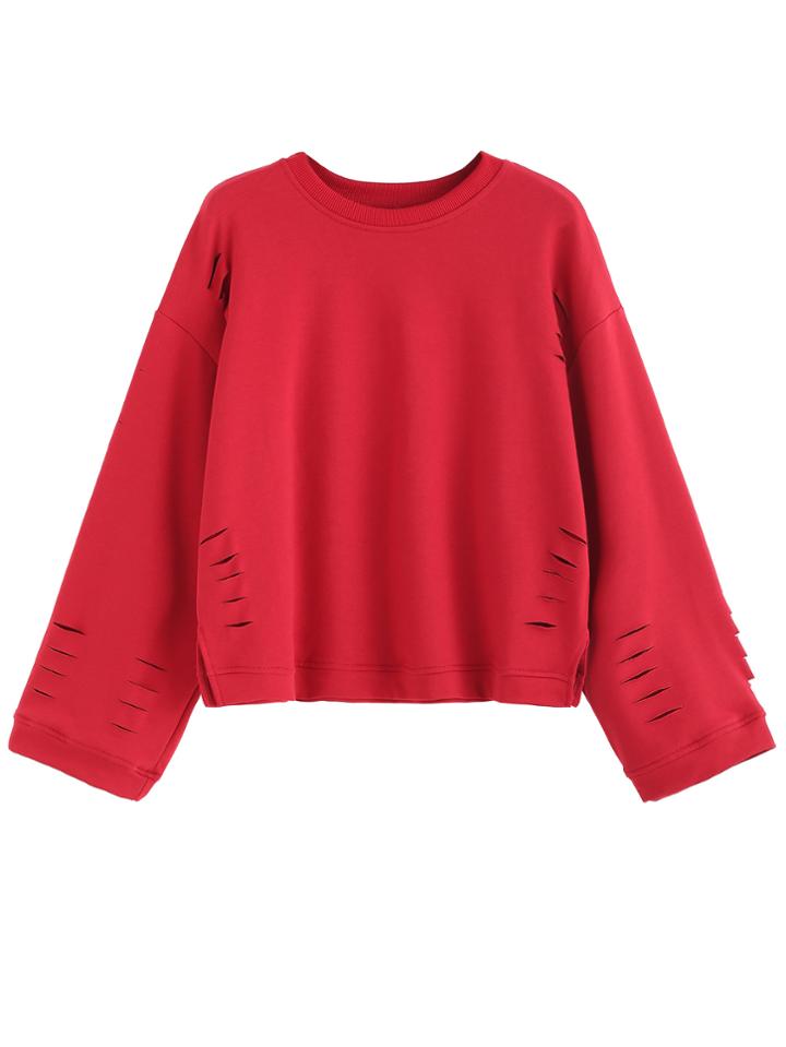 Romwe Red Drop Shoulder Hollow Out Sweatshirt