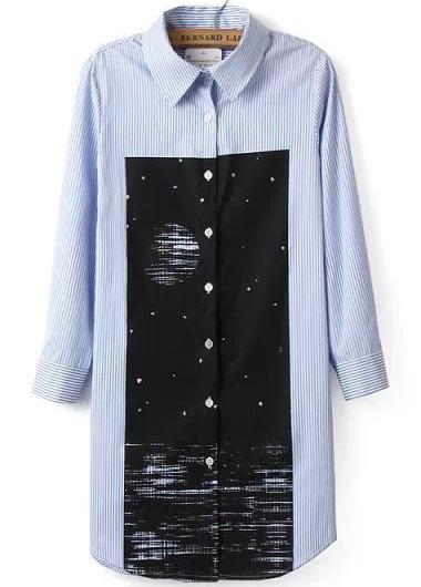 Romwe Blue Long Sleeve Vertical Stripe Blouse
