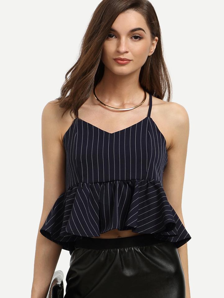 Romwe Navy Vertical Striped Peplum Cami Top