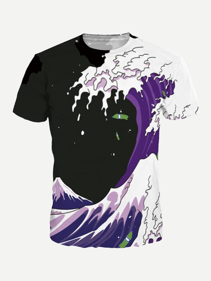 Romwe Men Waves Print Tee