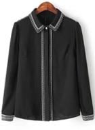Romwe Black Long Sleeve Chiffon Embroidered Pattern Blouse