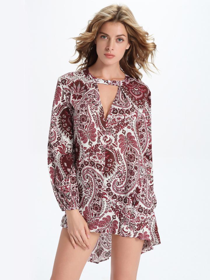 Romwe Burgundy Paisley Print Cutout Neck High Low Blouse