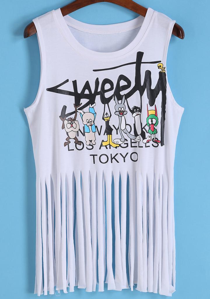 Romwe With Tassel Cartoon Print Tank Top