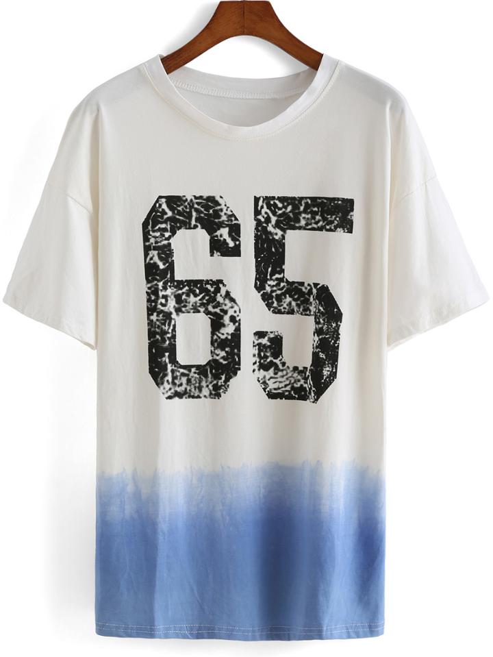 Romwe Number Print Ombre Blue T-shirt
