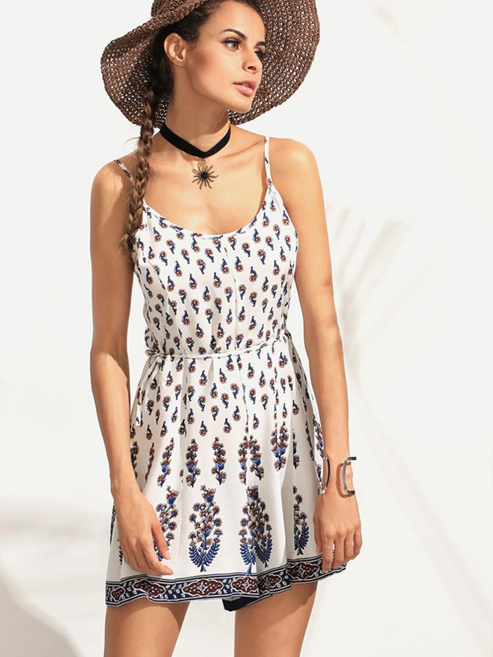 Romwe White Flower Print Cami Romper