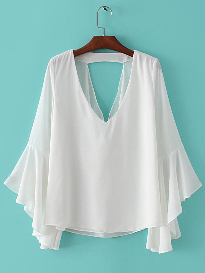 Romwe White Bell Sleeve Cut Out Back Chiffon Blouse