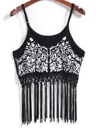 Romwe Spaghetti Strap With Tassel Embroidered Black Cami Top