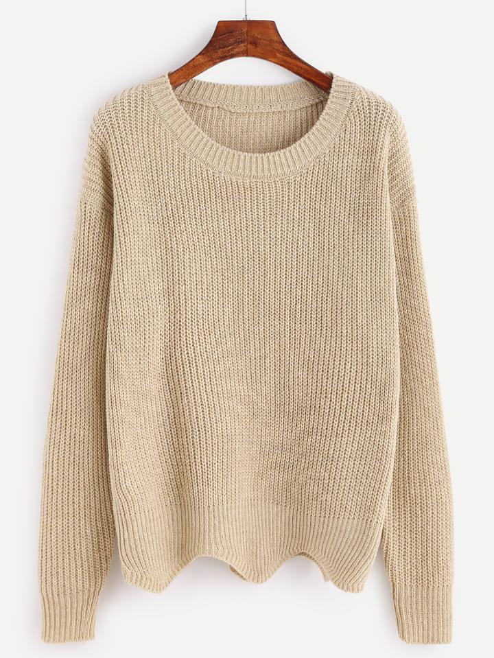 Romwe Light Khaki Drop Shoulder Wave Hem Sweater