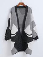 Romwe Abstract Pattern Open Front Longline Sweater Coat