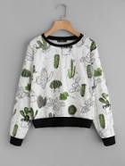 Romwe Allover Cactus Print Ringer Sweatshirt