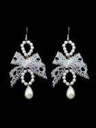 Romwe White Lace Bowknot Simulated-pearl Water Drop Long Earrings