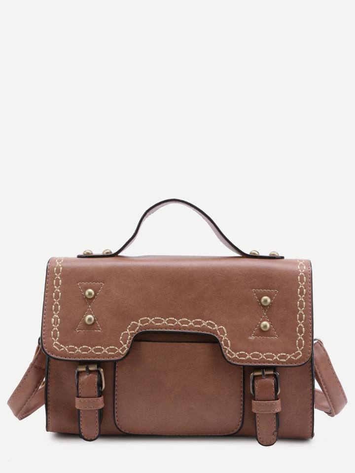 Romwe Khaki Faux Leather Studded Vintage Satchel Bag