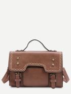 Romwe Khaki Faux Leather Studded Vintage Satchel Bag
