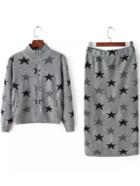 Romwe Stand Collar Zipper Knit Top With Stars Print Grey Skirt