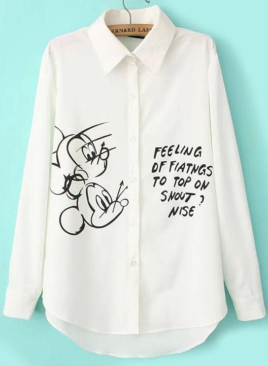 Romwe Mickey Letters Print Dipped Hem White Blouse