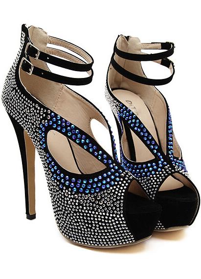 Romwe Black Platform Slingbacks With Diamond High Heeled Pumps