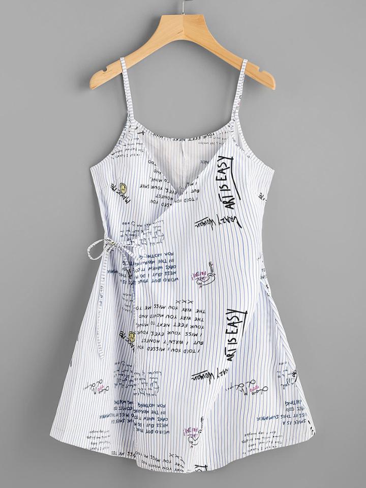Romwe Striped Slogan Print Wrap Self Tie Cami Dress