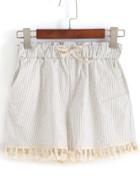 Romwe Drawstring Vertical Striped Tassel White Shorts