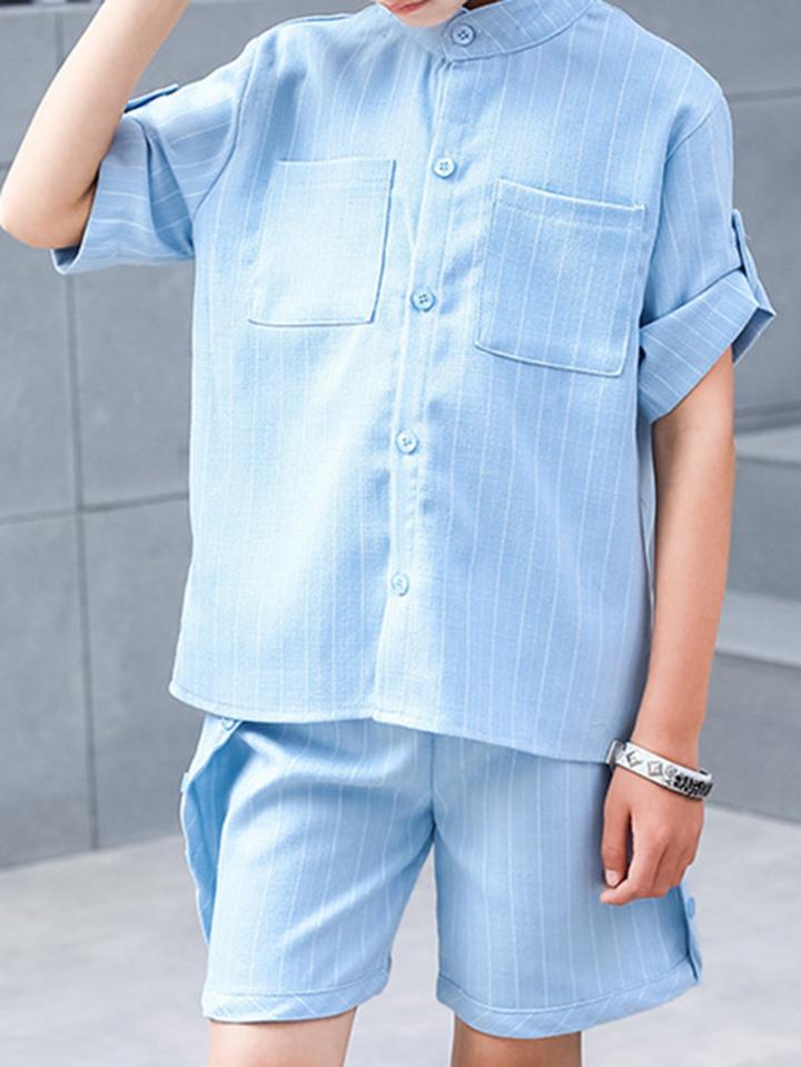 Romwe Striped Button Decoration Shirt With Shorts