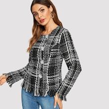 Romwe Pearl Detail Frayed Edge Tweed Coat