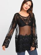 Romwe Embroidered Mesh Cover Up Top