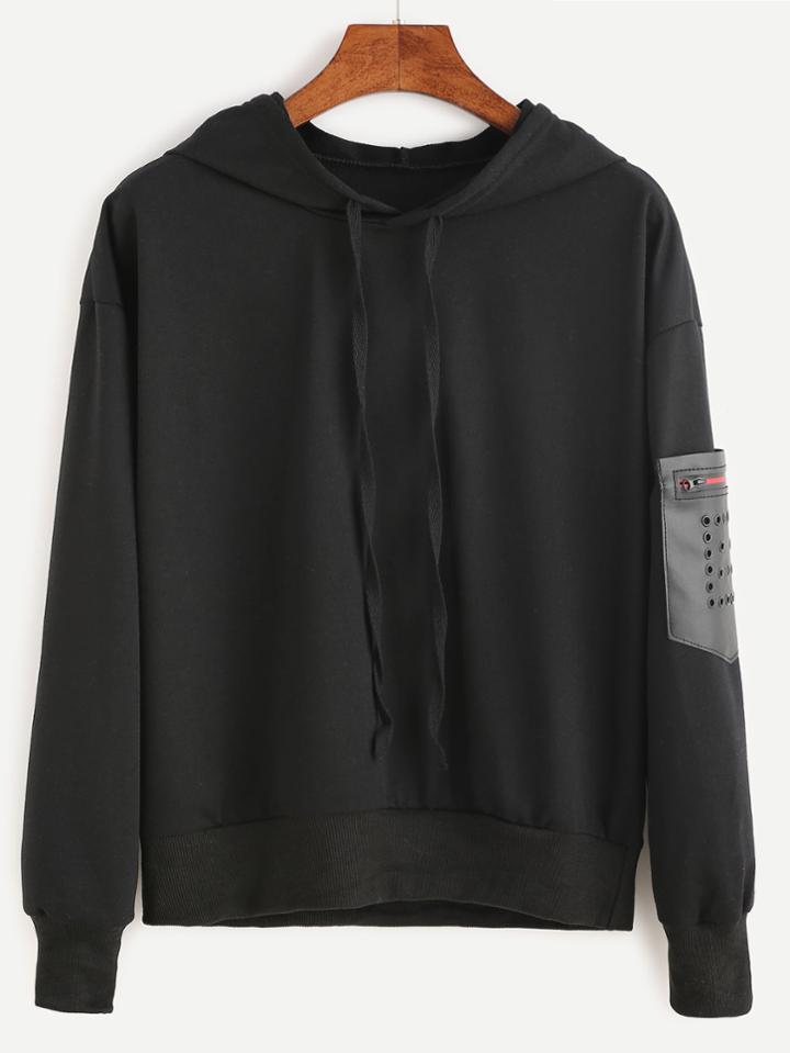 Romwe Black Hooded Pu Pocket Sweatshirt