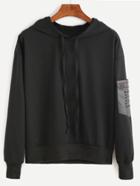 Romwe Black Hooded Pu Pocket Sweatshirt
