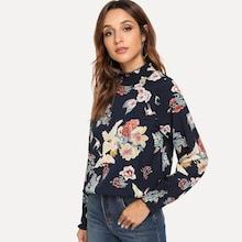 Romwe Floral Print Lettuce Trim Blouse