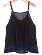 Romwe Spaghetti Strap Bead Tassel Embroidered Black Cami Top