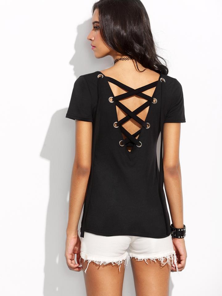 Romwe Black Lace Up Back Metal Eyelet T-shirt