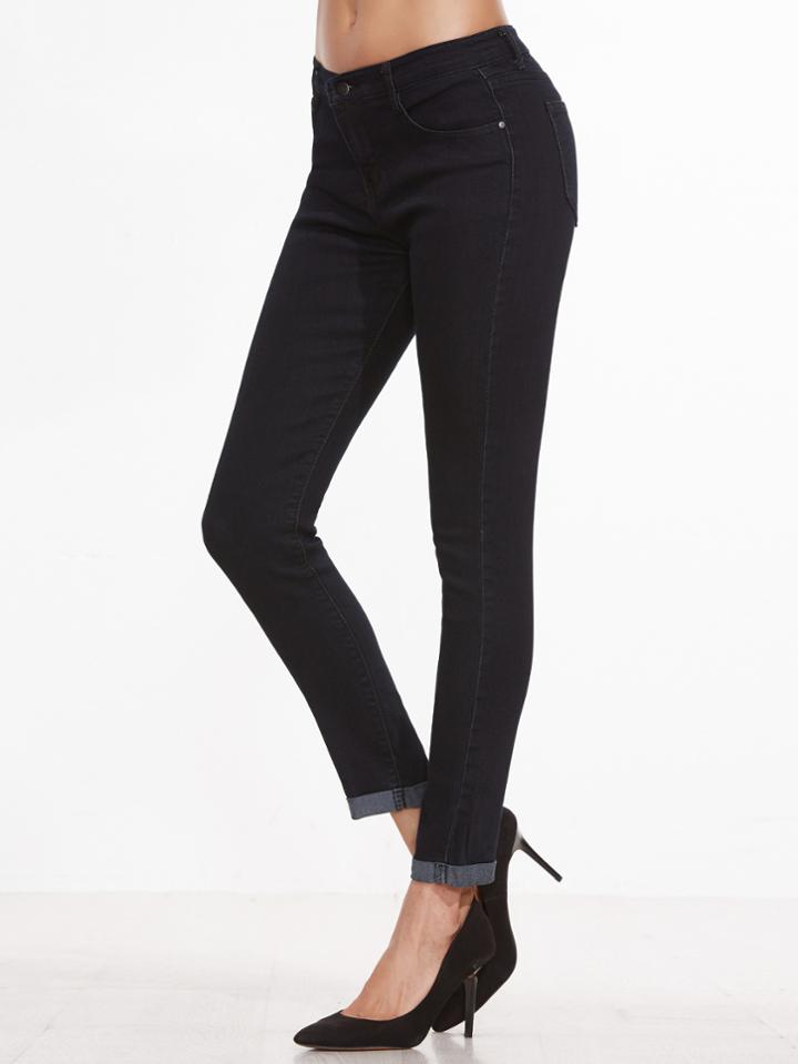 Romwe Black Roll Hem Skinny Jeans