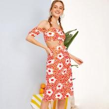 Romwe Floral Print Drawstring Tie Back Top With Wrap Skirt