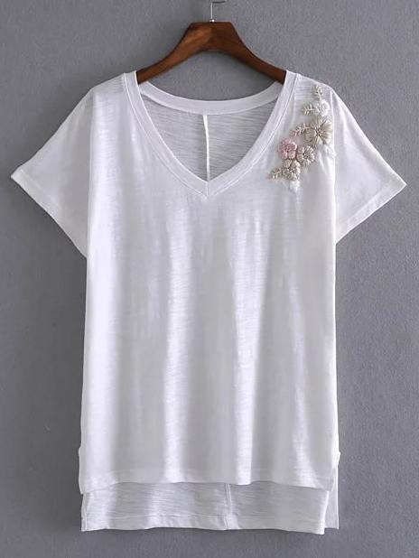 Romwe White V Neck Embroidered T-shirt