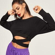 Romwe Knot Hem Solid Crop Sweatshirt