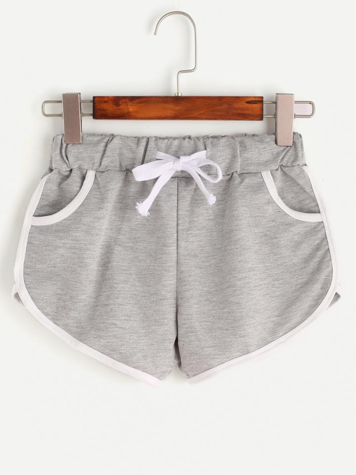 Romwe Heather Grey Contrast Trim Drawstring Shorts