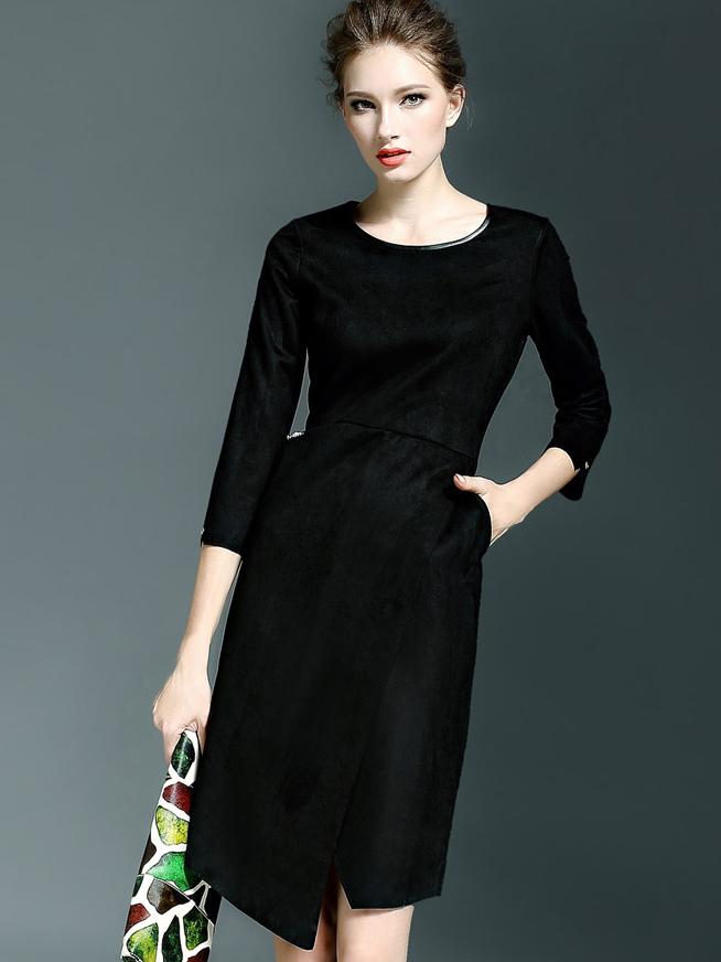 Romwe Black Round Neck Length Sleeve Pockets Dress
