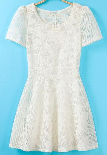 Romwe White Short Sleeve Mesh Pleated Dress
