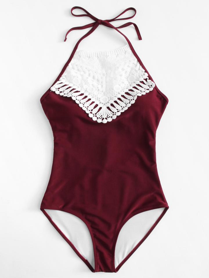Romwe Crochet Lace Insert Halter Swimsuit